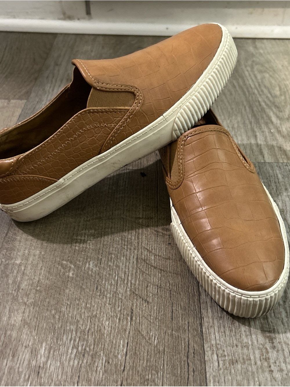 Bershka Tan Croc-Embossed Slip-On Sneakers